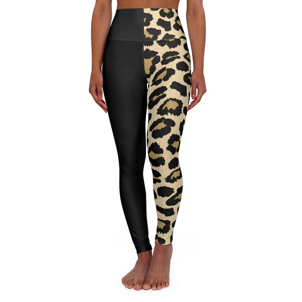 High Waisted Yoga Leggings 50/50 Black/Leopard - Lovely X Honey